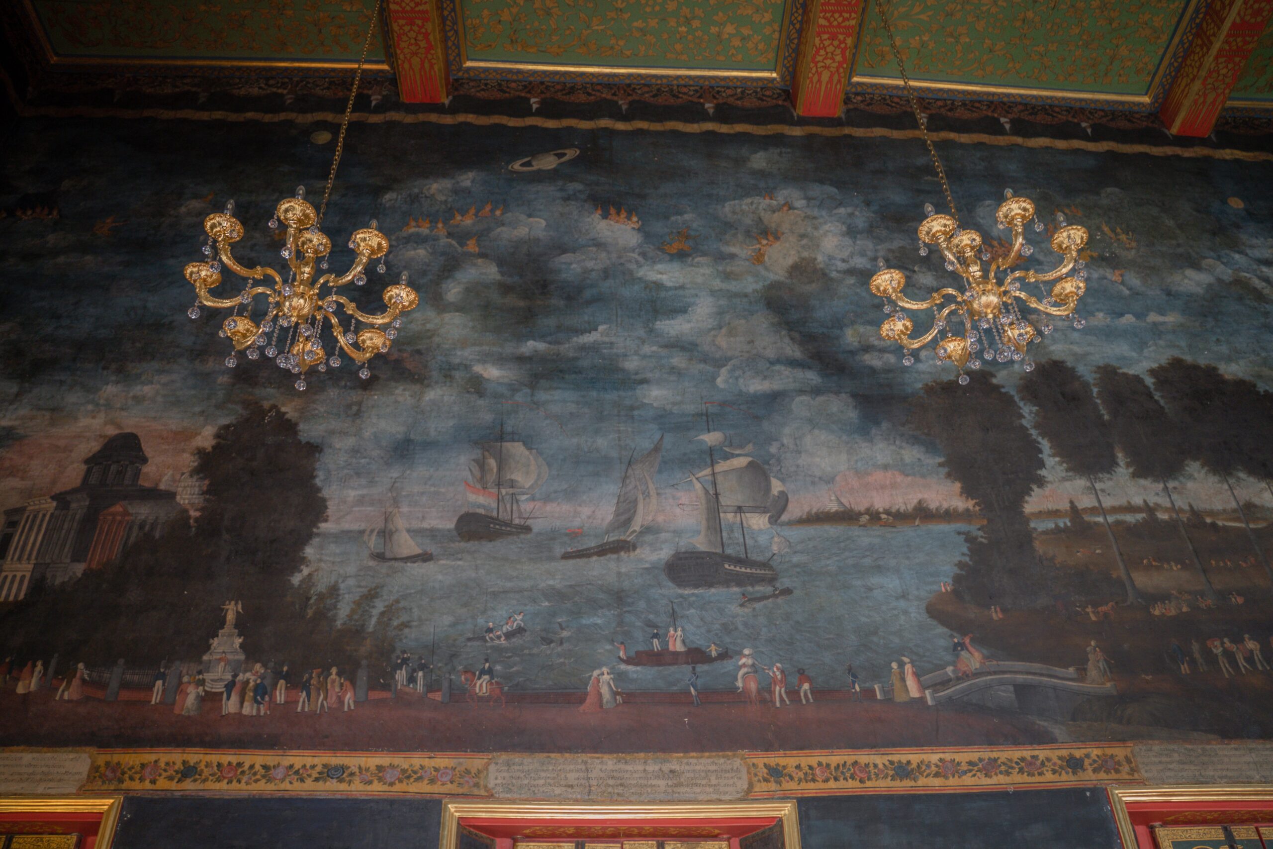 "For example, in one part of the mural, the perspectival technique of a vanishing point on the horizon is used as a metaphor for the destination of nirvana. The ocean then becomes an obstacle to be surmounted, but there is a wise man who builds a ship to help carry all humans across the ocean to reach nirvana."
